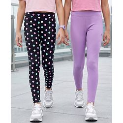 Pine Kids Cotton Lycra Knit Full Length Leggings With Polka Dot Print Pack Of 2 - Purple & Black