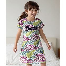 Pine Kids Single Jersey Knit Half Sleeves Nighty With Floral Print - White