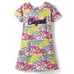 Pine Kids Single Jersey Knit Half Sleeves Nighty With Floral Print - White