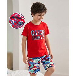 Pine Kids Single Jersey Knit Half Sleeves Shorts Night Suit With Camouflage Print - Red