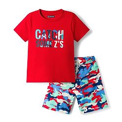 Pine Kids Single Jersey Knit Half Sleeves Shorts Night Suit With Camouflage Print - Red
