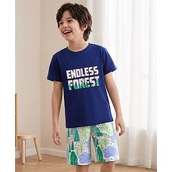 Pine Kids Single Jersey Knit Half Sleeves T-Shirt & Shorts Night Suit With Forest Print - Navy Blue