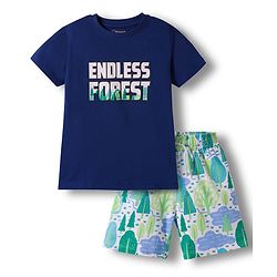 Pine Kids Single Jersey Knit Half Sleeves T-Shirt & Shorts Night Suit With Forest Print - Navy Blue