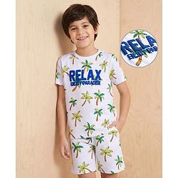 Pine Kids Single Jersey Knit Half Sleeves Shorts Night Suit With Text Print - White