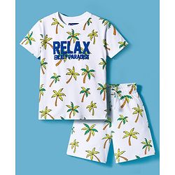 Pine Kids Single Jersey Knit Half Sleeves Shorts Night Suit With Text Print - White