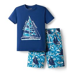 Pine Kids Single Jersey Knit Half Sleeves Shorts Night Suit With Boat Print - Blue