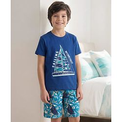 Pine Kids Single Jersey Knit Half Sleeves Shorts Night Suit With Boat Print - Blue