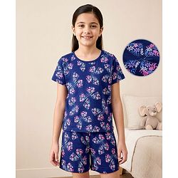 Pine Kids Single Jersey Knit Half Sleeves Co-ords Shorts Night Suit With Floral Print - Navy Blue