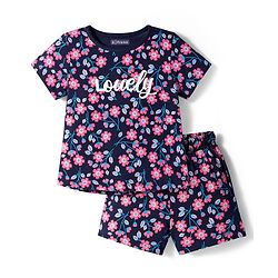 Pine Kids Single Jersey Knit Half Sleeves Shorts Co-Ord Night Suit Set With Floral Print - Navy Blue