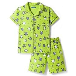 Pine Kids Single Jersey Knit Half Sleeves Shorts Night Suit With Star Print - Lime Green