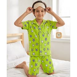 Pine Kids Single Jersey Knit Half Sleeves Shorts Night Suit With Star Print - Lime Green
