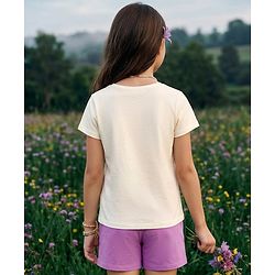 Pine Kids Single Jersey Knit Half Sleeves T-Shirt & Shorts Night-Suit With Floral & Text Print - Beige & Purple