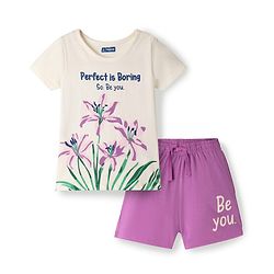 Pine Kids Single Jersey Knit Half Sleeves T-Shirt & Shorts Night-Suit With Floral & Text Print - Beige & Purple
