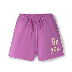 Pine Kids Single Jersey Knit Half Sleeves T-Shirt & Shorts Night-Suit With Floral & Text Print - Beige & Purple