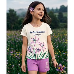 Pine Kids Single Jersey Knit Half Sleeves T-Shirt & Shorts Night-Suit With Floral & Text Print - Beige & Purple