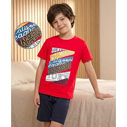 Pine Kids Single Jersey Knit Half Sleeves Shorts Night Suit With Text Print - Red