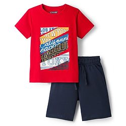 Pine Kids Single Jersey Knit Half Sleeves Shorts Night Suit With Text Print - Red