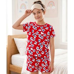 Pine Kids Single Jersey Knit Half Sleeves Shorts Co-ord Night Suit With Floral Print - Red