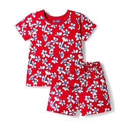Pine Kids Single Jersey Knit Half Sleeves Shorts Co-ord Night Suit With Floral Print - Red
