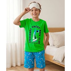 Pine Kids Single Jersey Knit Half Sleeves T-Shirt & Shorts Night Suit with Yacht Print - Green
