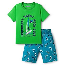 Pine Kids Single Jersey Knit Half Sleeves T-Shirt & Shorts Night Suit with Yacht Print - Green