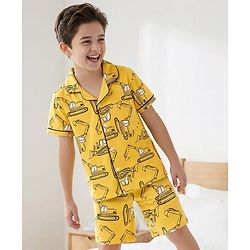 Pine Kids Single Jersey Knit Half Sleeves Shirt & Shorts Co-ord Night Suit With Excavator Print - Yellow