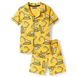 Pine Kids Single Jersey Knit Half Sleeves Shirt & Shorts Co-ord Night Suit With Excavator Print - Yellow