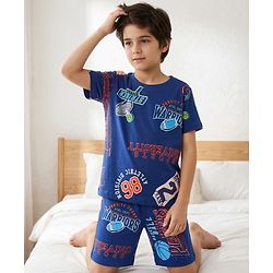 Pine Kids Single Jersey Knit Half Sleeves Shorts Co-ord Night Suit With Sports Print - Navy Blue