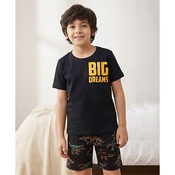 Pine Kids Single Jersey Knit Half Sleeves Shorts Night Suit With Dino Print - Black