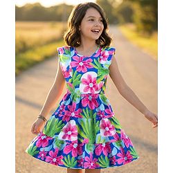 Pine Kids Cotton Knit Frill Sleeves Frock with Floral Print - Multicolor