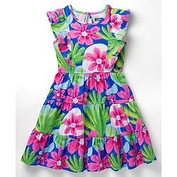 Pine Kids Cotton Knit Frill Sleeves Frock with Floral Print - Multicolor
