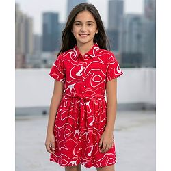 Pine Kids Cotton Knit Half Sleeves Printed Shirt Dress - Red