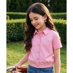 Pine Kids Cotton Woven Half Sleeves Solid Color Shirt Style Top - Pink
