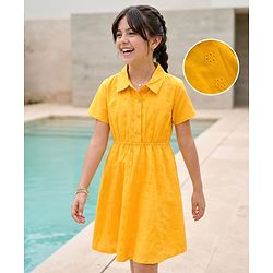 Pine Kids Cambric Woven Half Sleeves Frock With Floral Design - Yellow