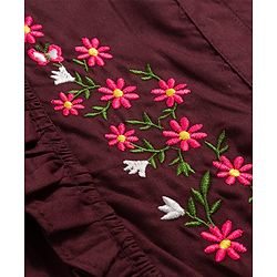Pine Kids Cotton Woven Half Puffed Sleeves Frock With Floral Embroidery - Wine
