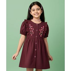 Pine Kids Cotton Woven Half Puffed Sleeves Frock With Floral Embroidery - Wine
