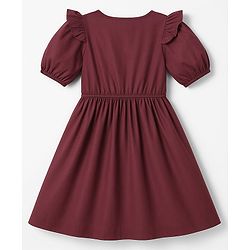 Pine Kids Cotton Woven Half Puffed Sleeves Frock With Floral Embroidery - Wine