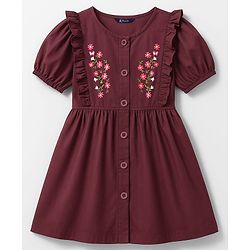 Pine Kids Cotton Woven Half Puffed Sleeves Frock With Floral Embroidery - Wine