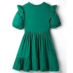 Pine Kids Woven Half Sleeves Solid Frock With Frill Detailing - Green