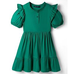 Pine Kids Woven Half Sleeves Solid Frock With Frill Detailing - Green