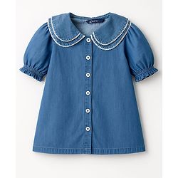 Pine Kids Cotton Woven Half Puffed Sleeves Frock Style Peter Pan Collar Top  - Navy Blue