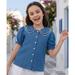 Pine Kids Cotton Woven Half Puffed Sleeves Frock Style Peter Pan Collar Top  - Navy Blue