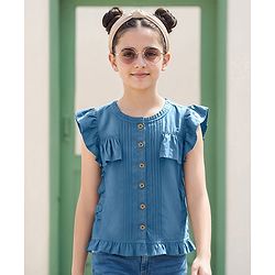 Pine Kids Cotton Woven Half Frill Sleeves Front Open Top WIth Pleates - Navy Blue