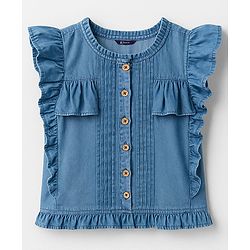 Pine Kids Cotton Woven Half Frill Sleeves Front Open Top WIth Pleates - Navy Blue