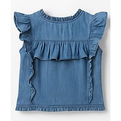 Pine Kids Cotton Woven Half Frill Sleeves Front Open Top WIth Pleates - Navy Blue