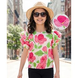 Pine Kids Woven Half Flutter Sleeves Top With Floral Print - White