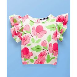 Pine Kids Woven Half Flutter Sleeves Top With Floral Print - White