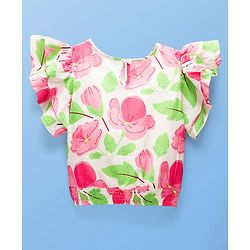 Pine Kids Woven Half Flutter Sleeves Top With Floral Print - White