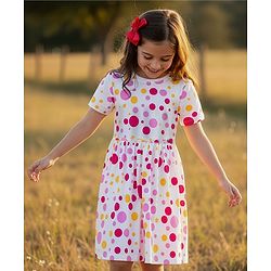 Pine Kids Cotton Knit Half Sleeves Frock With Polka Dot Print - White
