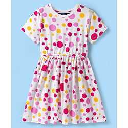 Pine Kids Cotton Knit Half Sleeves Frock With Polka Dot Print - White